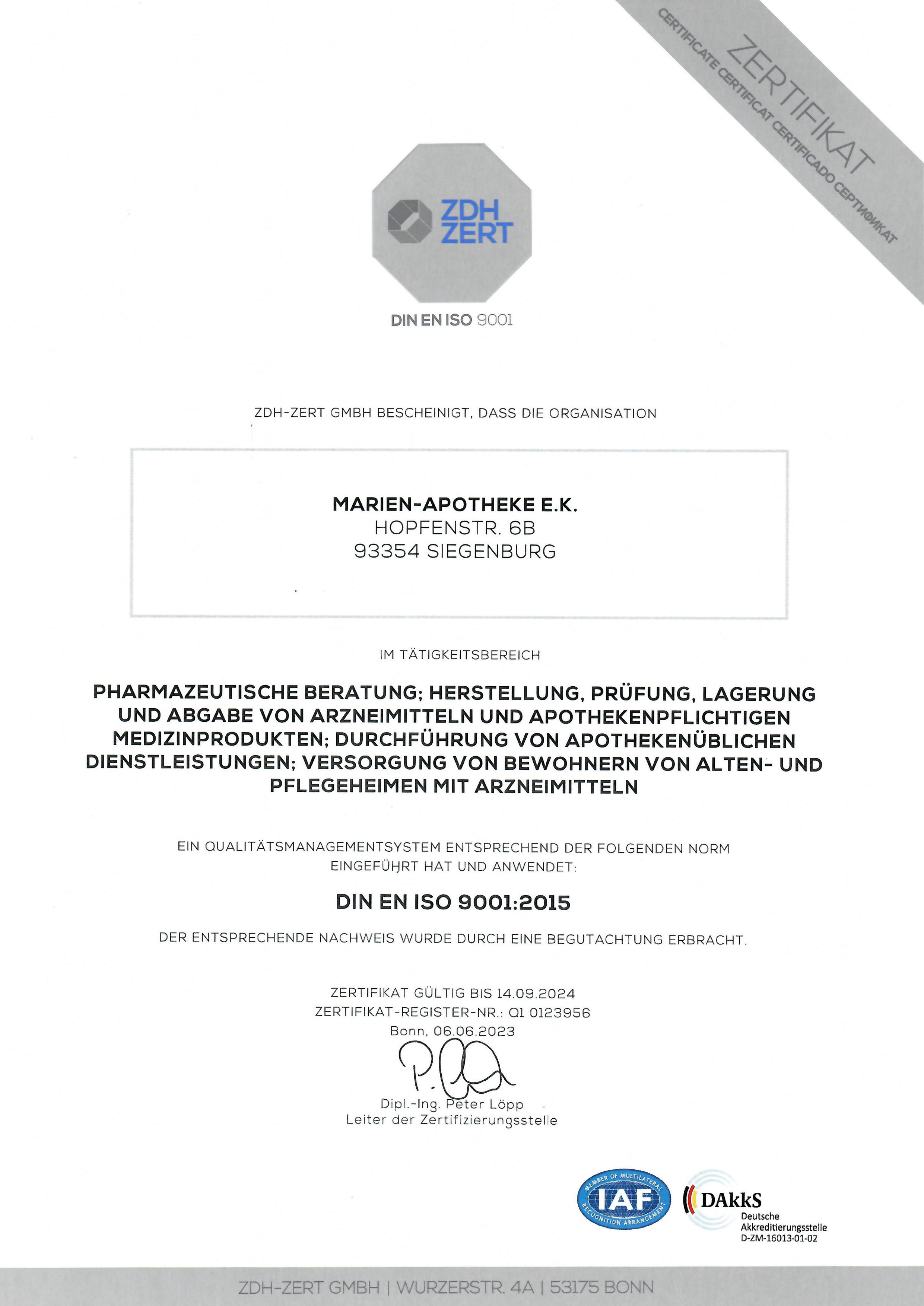QMS Zertifikat DIN EN ISO 9001